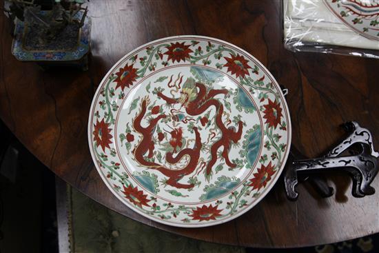 A pair of Chinese polychrome dragon and phoenix dishes, bearing Jiajing marks, 33cm